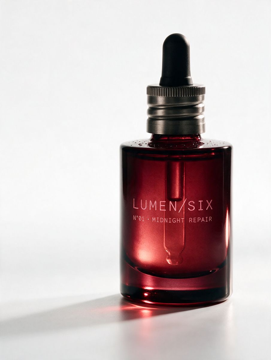 AI studio still of a red serum bottle