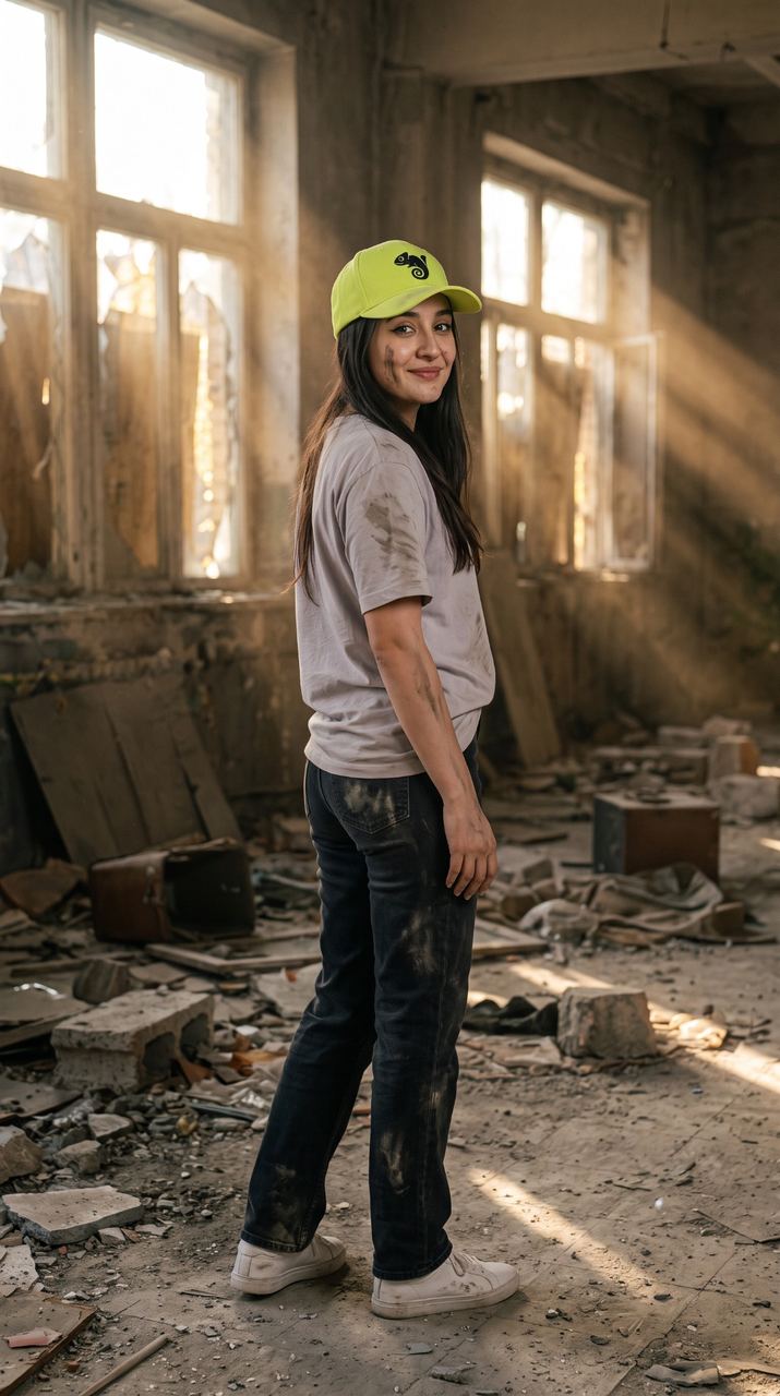 Shilpa standing in sunlit ruins